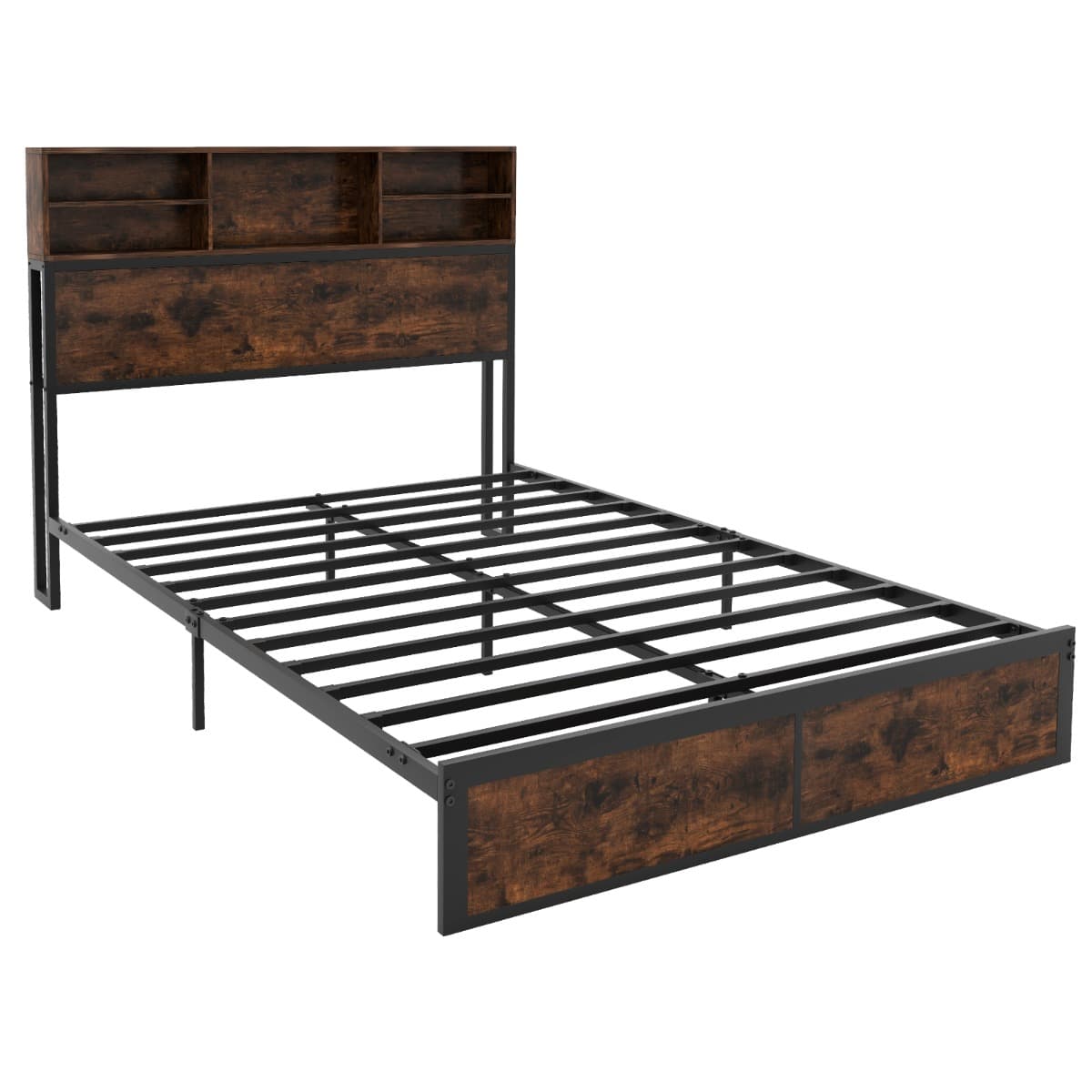 CostwayCadre de Lit Double 200 x 140 cm avec Station de Charge Lit Plateforme en Métal avec Tête de Lit avec Rangement Marron Rustique